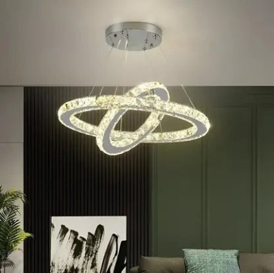 Lustra LED cu telecomanda si cristal PRISM LUMINIS 58W, 2 Cercuri, lumina Rece/Calda/Neutra, Dimabila, Argintiu, Inaltime Reglabila ModernLight Concep foto