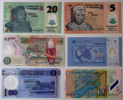 Lot 6 bancnote polimer diferite Nigeria Malaezia Zambia Libia Macedonia UNC foto