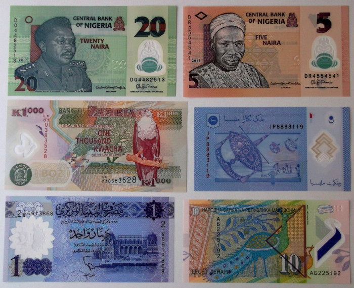 Lot 6 bancnote polimer diferite Nigeria Malaezia Zambia Libia Macedonia UNC **