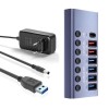 Hub USB 7 in 1 cu Buton ON/OFF, PRESTIGE CHARGE&reg;, din Aluminiu, 4 Porturi USB 3.0 Transfer Date 5Gbps si TypeC PD + 2*USB Incarcare QC 3.0, Incarcator