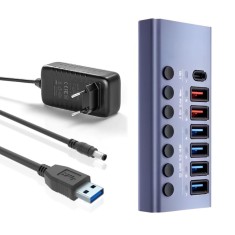 Hub USB 7 in 1 cu Buton ON/OFF, PRESTIGE CHARGE&reg;, din Aluminiu, 4 Porturi USB 3.0 Transfer Date 5Gbps si TypeC PD + 2*USB Incarcare QC 3.0, Incarcator