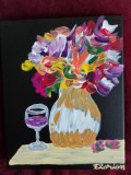 TABLOU PE PANZA CU SASIU NOU 24X30 CM VAS CU FLORI ACRILIC PRET 50 LEI PICTOR FLORIAN