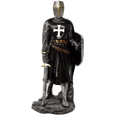 Statueta Cavaler Medieval Negru cu Scut si Sabie 30 cm foto