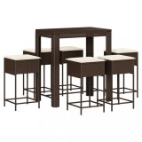Cumpara ieftin Set de bar pentru gradina cu perne, 7 piese, maro, poliratan