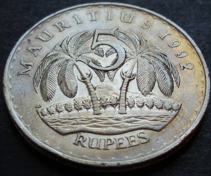 Moneda exotica 5 RUPII / Rupees - MAURITIUS, anul 1992 *cod 4928
