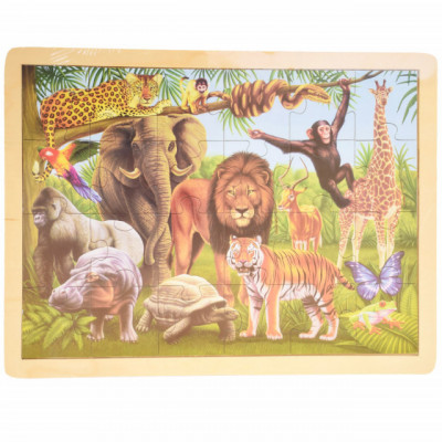 Puzzle din lemn Pufo pentru copii, model Jungla animalelor, 24 piese, 40 x 30 cm foto