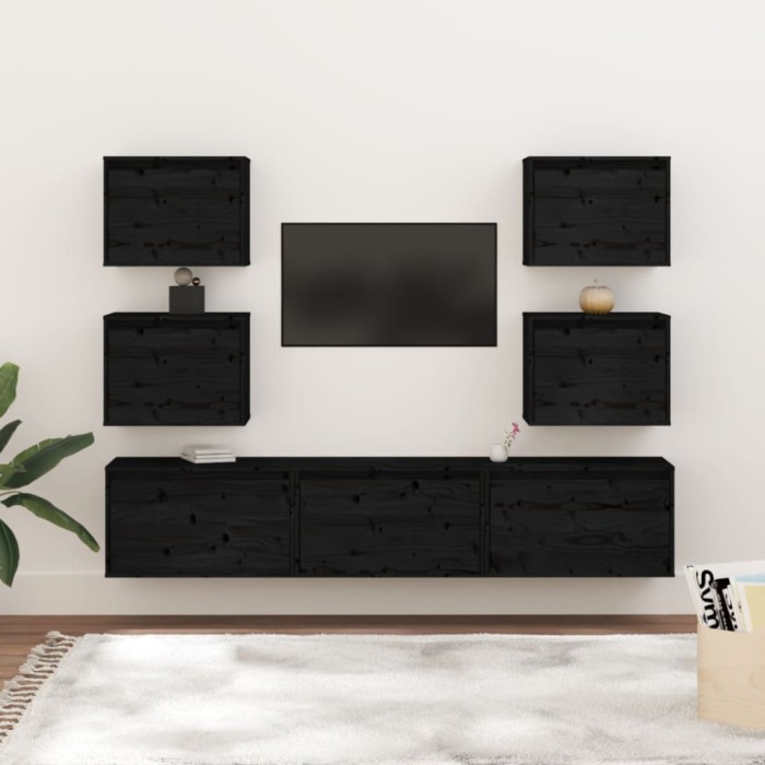 Comode TV, 7 buc., negru, lemn masiv de pin
