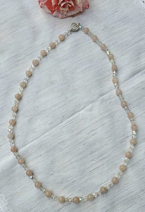 LANT LUNG VINTAGE CU MARGELE DIN CUARȚ ROZ SI STICLA FATETATA "AURORA BOREALA"