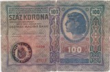 Bancnotă Austro-Ungaria 100 korona / coroane 1912, ștampile rom&acirc;nești, seria 1406 nr. 27013