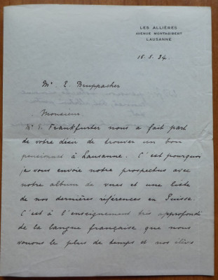 2 scrisori ale lui Pollen es Zorn referitoare la Lucia Groza , Lausanne , 1934 foto
