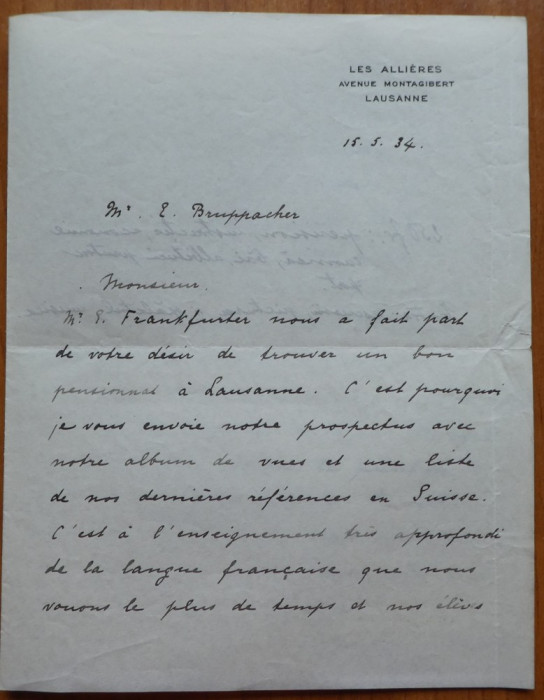 2 scrisori ale lui Pollen es Zorn referitoare la Lucia Groza , Lausanne , 1934