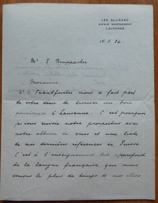 2 scrisori ale lui Pollen es Zorn referitoare la Lucia Groza, Lausanne, 1934