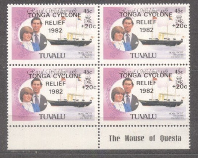 Tuvalu 1982 Diana &amp;amp; Charles, Royal Wedding 1981 x 4, block, overprint, MNH S.149 foto