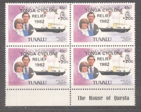 Tuvalu 1982 Diana &amp; Charles, Royal Wedding 1981 x 4, block, overprint, MNH S.149
