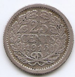 Olanda 25 Cents 1915 - Wilhelmina, Argint 3.575g/640, 19 mm KM-146
