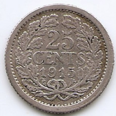 Olanda 25 Cents 1915 - Wilhelmina, Argint 3.575g/640, 19 mm KM-146