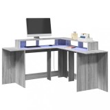Cumpara ieftin Birou cu lumini LED, gri sonoma, 152x152x91 cm, lemn prelucrat