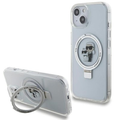Husa pentru iPhone 15 / iPhone 14 / iPhone 13 - Karl Lagerfeld Hardcase Ring Stand MagSafe (KLHMP14SHMRSKCH) - White Karl&amp;amp;Choupette foto