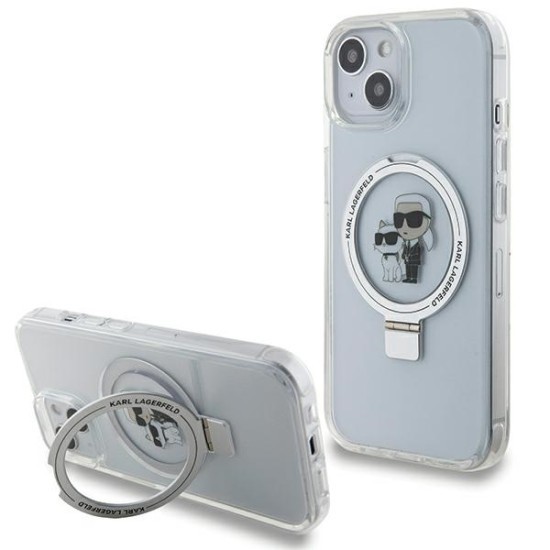 Husa pentru iPhone 15 / iPhone 14 / iPhone 13 - Karl Lagerfeld Hardcase Ring Stand MagSafe (KLHMP14SHMRSKCH) - White Karl&amp;Choupette