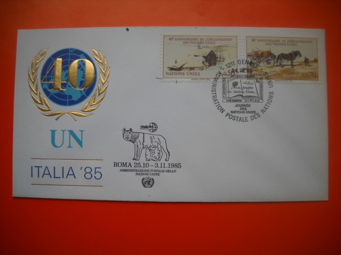 HOPCT PLIC FDC S NR 199 ANIVERSARE 40 ANI ZIUA NATIUNILOR UNITE ITALIA 1985 - ONU NATIUNILE UNITE- -BIROUL GENEVA ELVETIA