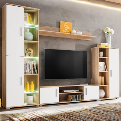 vidaXL Mobilier sufragerie spațiu TV, lumini LED, Stejar Sonoma și Alb foto
