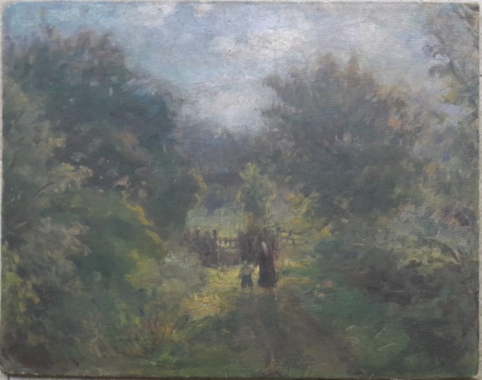 Tablou vechi anii 40 semnat Gh. Iliescu, ulei pe panza caserata 50 x 40 Roman