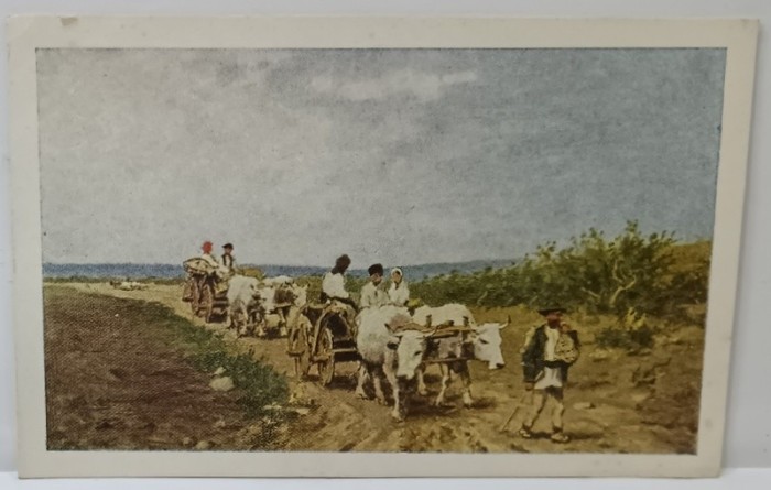 &#039; LA TARG &#039; , tablou de pictorul BASARAB , REPRODUCERE , CARTE POSTALA , INTERBELICA