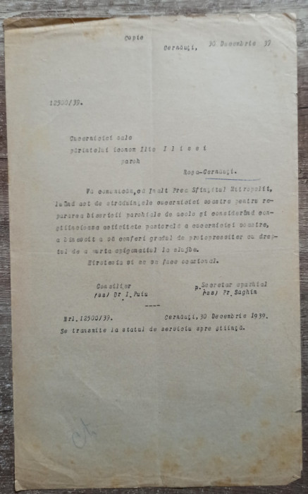 Conferire grad protopresviter drept a purta bedernita, Ilie Ilisei Cernauti 1939