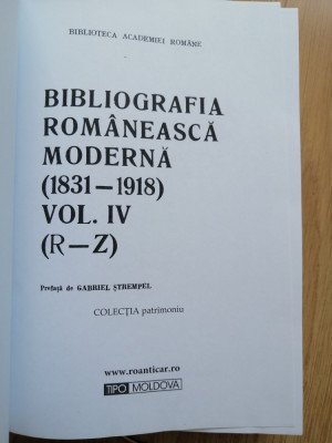 Bibliografia Romaneasca moderna 1831-1918 (R-Z), 1996, Vol. IV (B.R.M.) foto