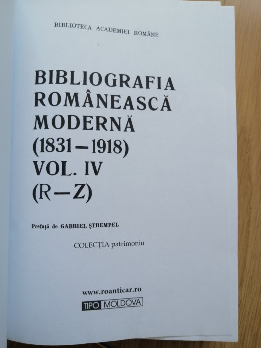 Bibliografia Romaneasca moderna 1831-1918 (R-Z), 1996, Vol. IV (B.R.M.)