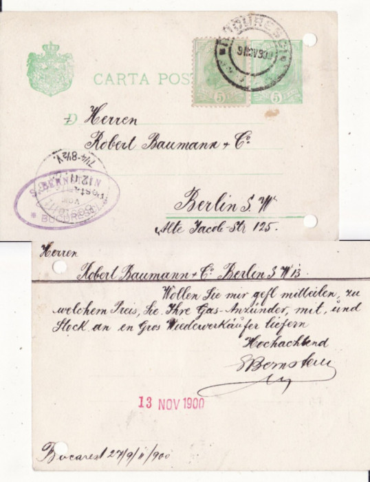 Carte Postala -circulata Bucuresti Germania 1900