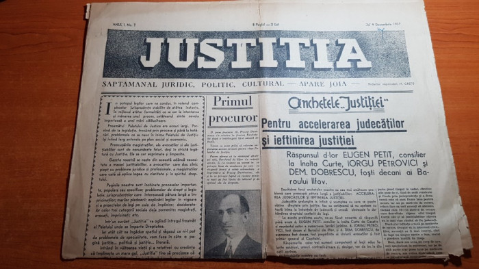 ziarul justitia 9 decembrie 1937-anul 1,nr.1 -ziar juritic,politic si cultural