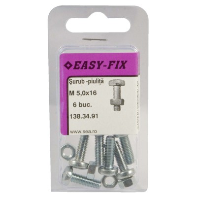 Surub cu cap bombat, amprenta cruce, cu piulita, Easy-Fix, otel, zincat alb, M5 x 16 mm, set 6 bucati foto