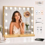 Oglindă de machiaj Hollywood, albă, 58x48 cm, cu 15 LED-uri și lupă X10 aurie