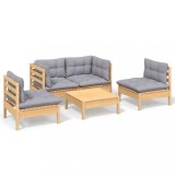Set mobilier de gradina cu perne gri, 5 piese, lemn masiv pin