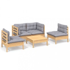 Set mobilier de gradina cu perne gri, 5 piese, lemn masiv pin