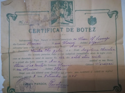 1905, Certificat botez Ana Christea, Herăști, Ilfov, nas Stana Nae Ionita foto