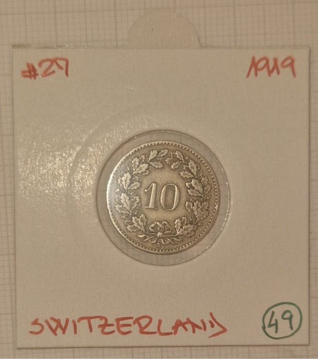 Switzerland, Elvetia, 10 Rappen 1919, KM#27