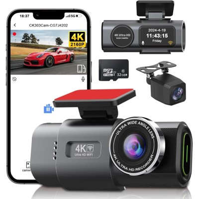 Camera Auto DVR 4K Fata Spate WiFi + Card 32GB, Senzor WDR Vedere Nocturna, G-Sensor, Mod Parking 24H, Unghi 170&amp;deg;, Camera Marsarier Inclus, Inregistra foto