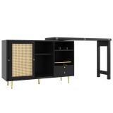 Masă &icirc;naltă de design, extensibilă și rotativă la 360&deg;, cu blat rabatabil, dulap de depozitare cu ușă din ratan + raft deschis de depozitare, 107x40x7