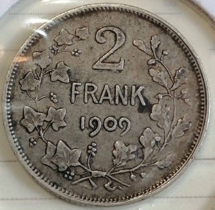 Moneda argint Belgia 2 Frank 1909