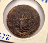 Rusia 2 Kopecks 1758 moneda din cupru Elizabeth text sub cal cant reticulaat