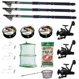 Kit pentru Pescuit 2.4m cu 3 lansete, 3 mulinete,guta,ace,juvelnic,minciog si pufuleti