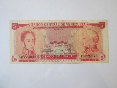 Rara! Venezuela 5 Bolivares 1973 in stare bună foto