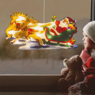 Decor LED pentru ferestre mari - Sania lui Moș Crăciun - 45 x 24 cm - alb cald - 3 x AAA foto