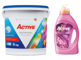 Detergent Universal de rufe pudra Active, galeata 5kg, 65 spalari + Balsam de rufe Active Happy Day, 1.5 litri, 60 spalari