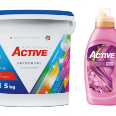 Detergent Universal de rufe pudra Active, galeata 5kg, 65 spalari + Balsam de rufe Active Happy Day, 1.5 litri, 60 spalari