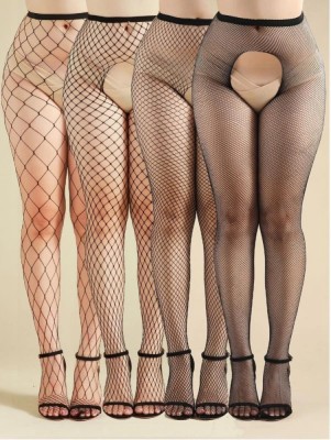 Set 4 Ciorapi Crotchless din Plasa, Negru, S-L foto