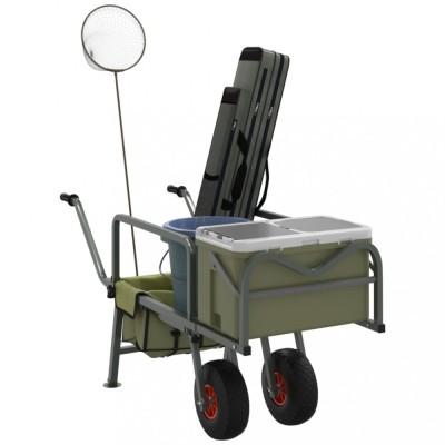 vidaXL Cărucior de pescuit cu 2 roți, verde, oțel vopsit electrostatic foto