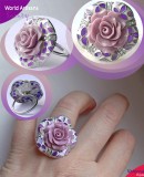 Inel Vintage de inspiratie Romantic Victoriana cu Trandafir Violaceu Decorativ, Argint 925 cu Emailare